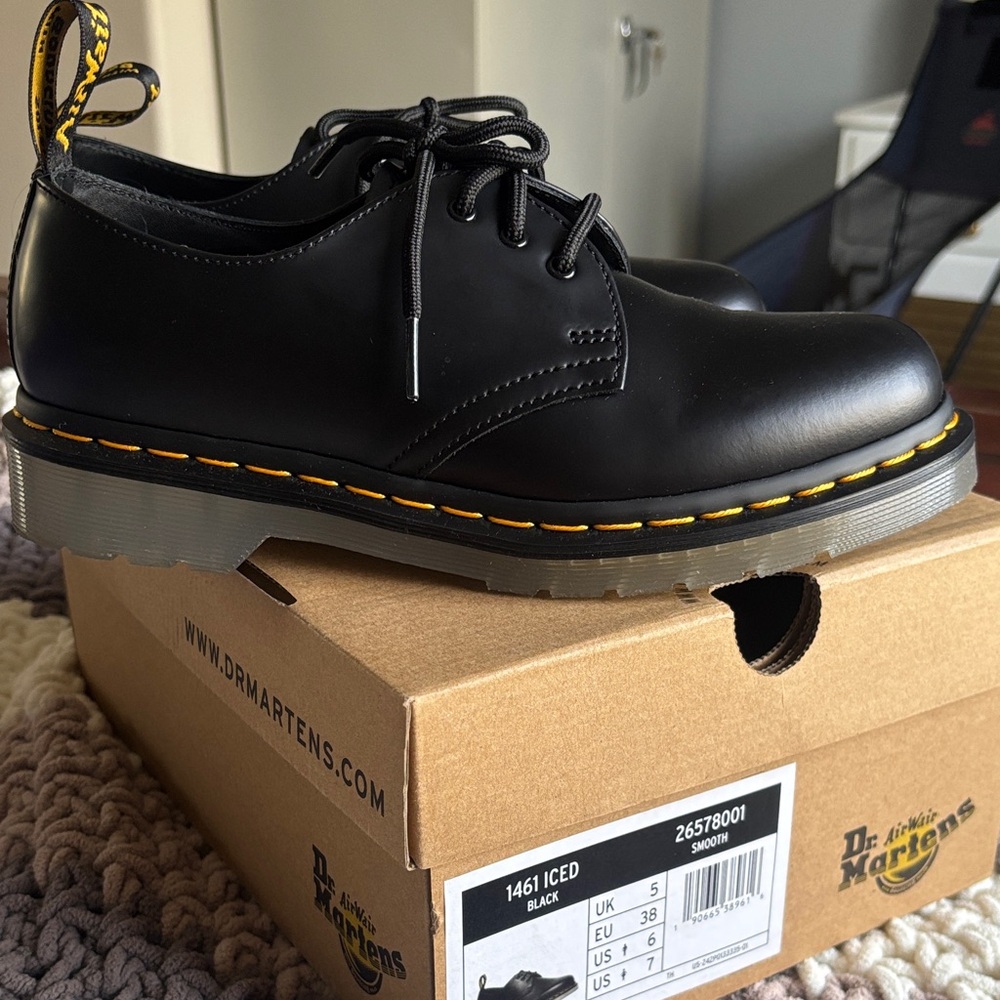 Dr. Martens Black Leather Oxfords with Yellow Stitching - Picture 2 of 3